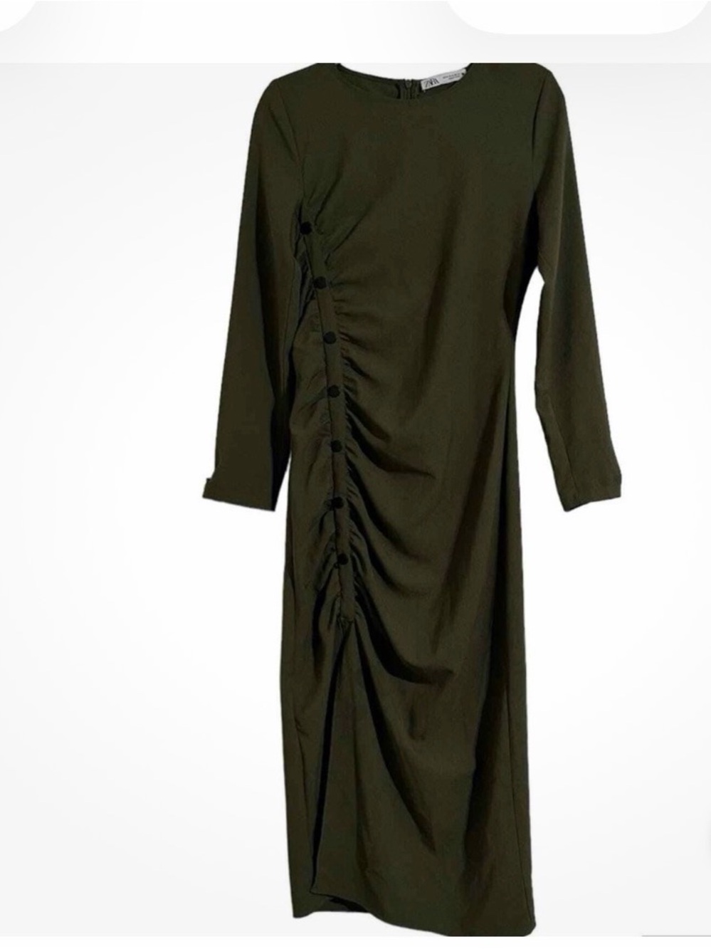 Zara size M Long Sleeve Olive Green Ruched Midi Dress